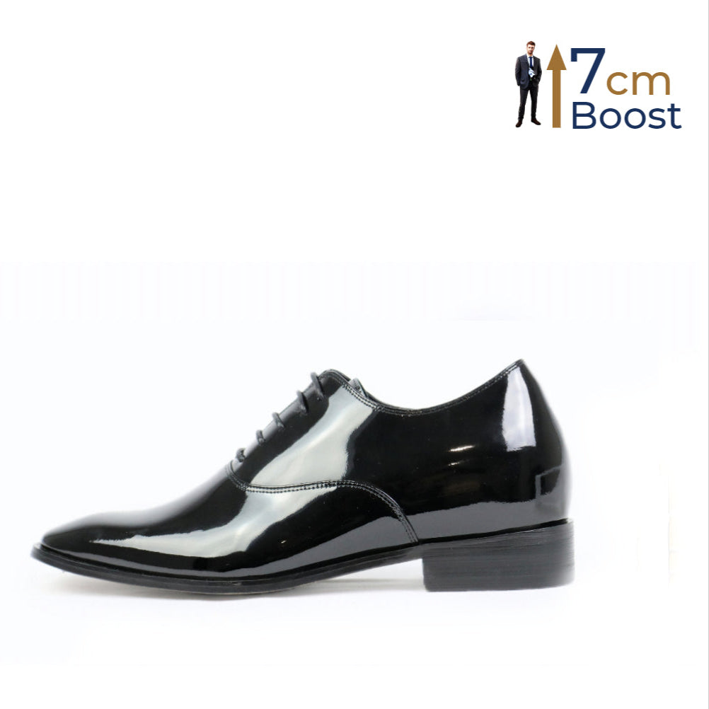 Black patent leather Oxford dress shoes with an elevator feature for a height boost, shown with a graphic indicating the height increase.