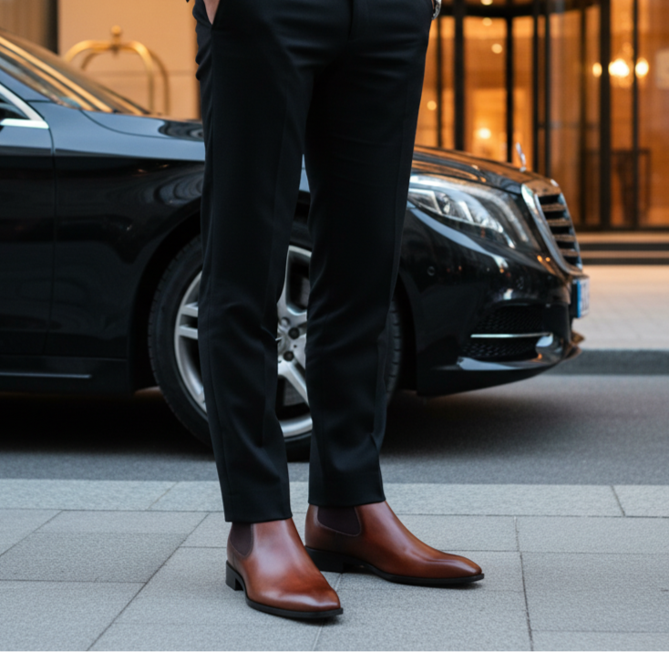 Person in formal attire standing next to a black luxury car in front of a building entrance.