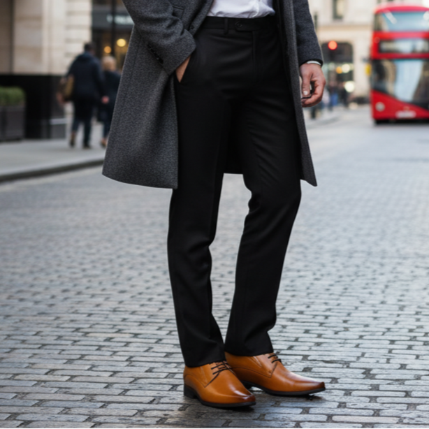 Man in a gray coat and black suit standing on a city street with a red bus in the background.