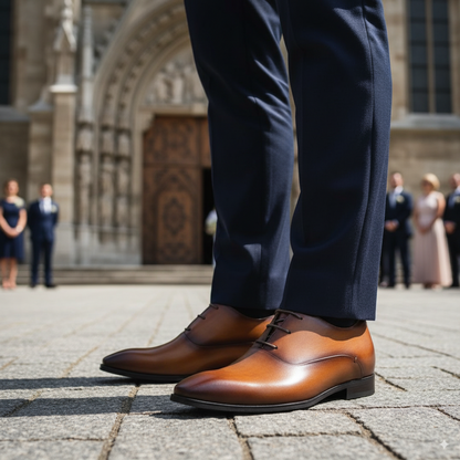 Brown leather shoes worn with navy pants in an outdoor setting with people in the background.